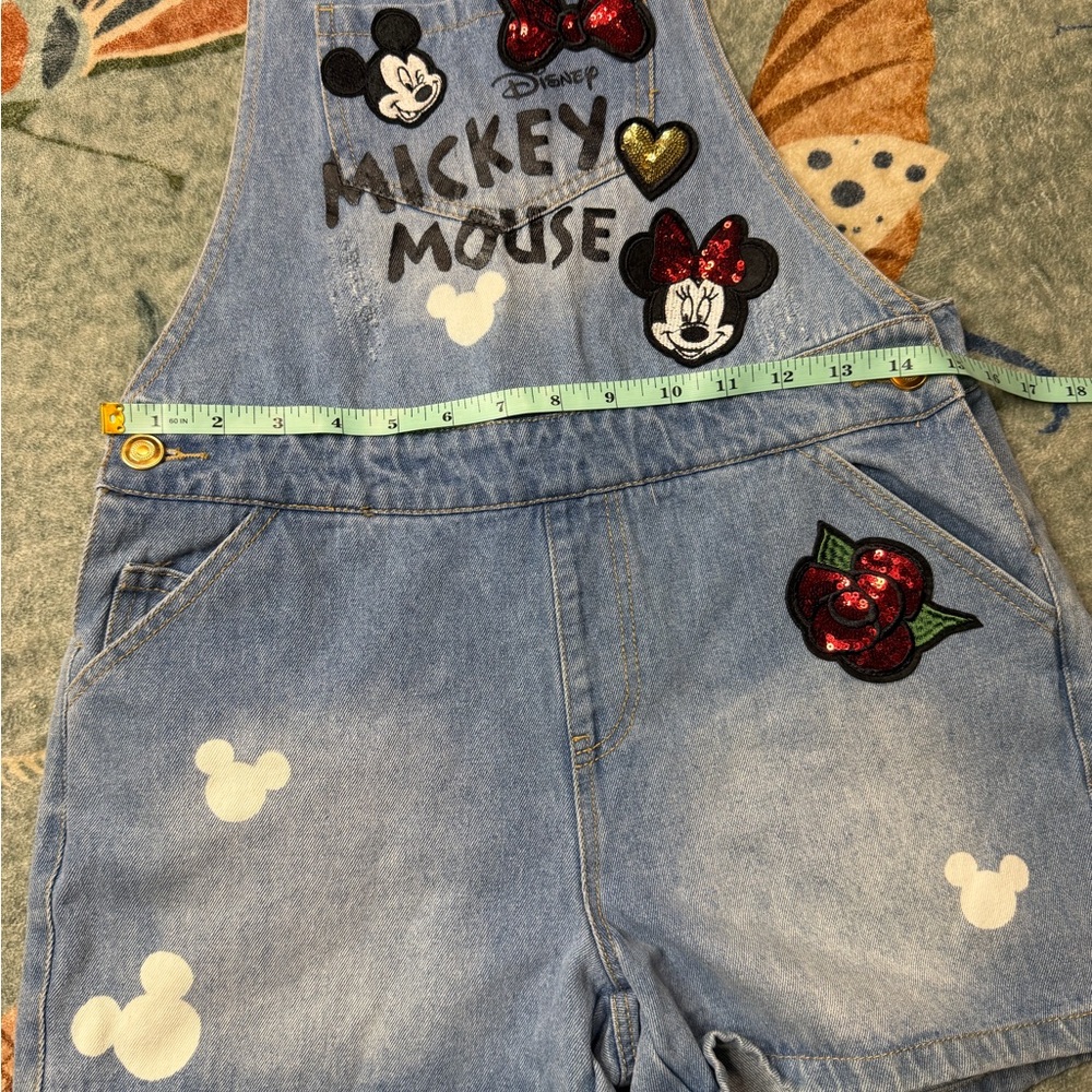 Disney Women’s  Blue Overalls with Mickey Mouse Sequin Patches - Picture 7 of 8